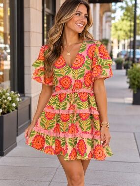 Alden Adair Floral Tiered V-Neck Summer Dress in Pink & Green